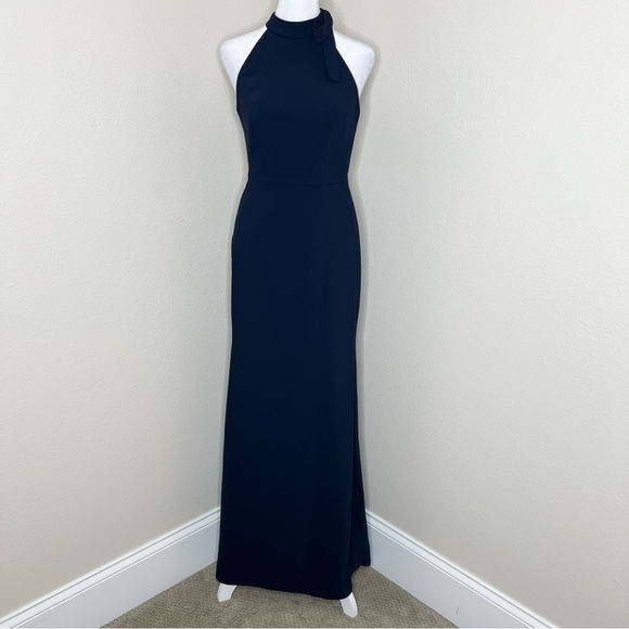 After Six Midnight Blue Crepe Tie Neck Halter Trumpet Gown Bridesmaid Dress NWT - Picture 2 of 11